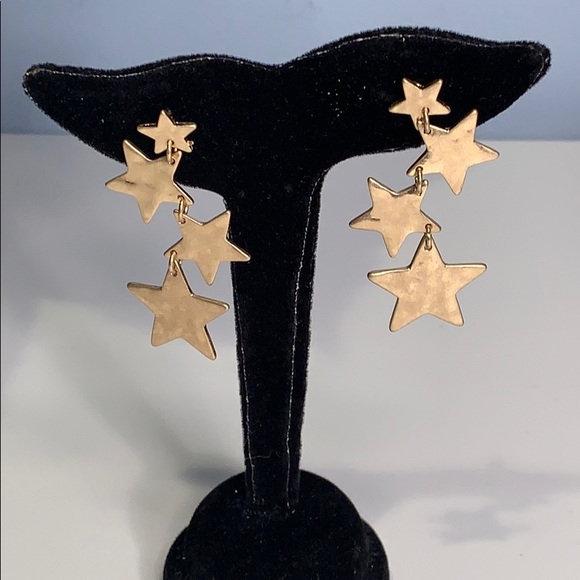 Bold Gold Tone Multi Layer Star Dangle Earrings - Picture 5 of 6